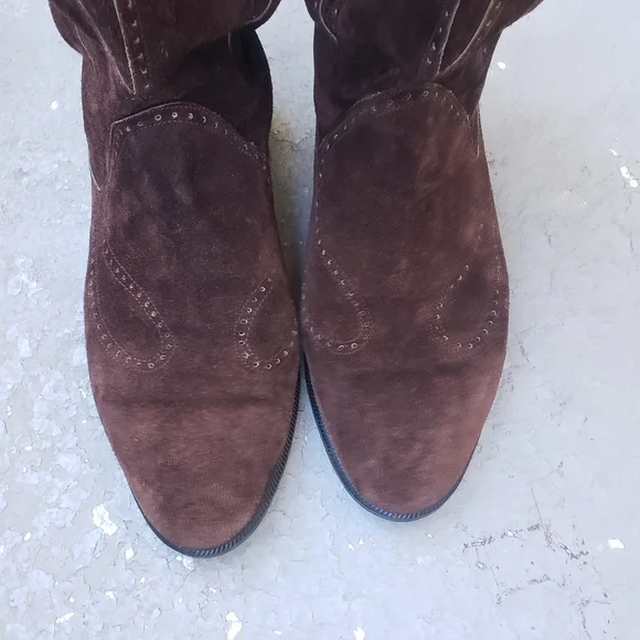 Vtg 80s brown Suede boho westernboots mid calf barrel shaft boots 9